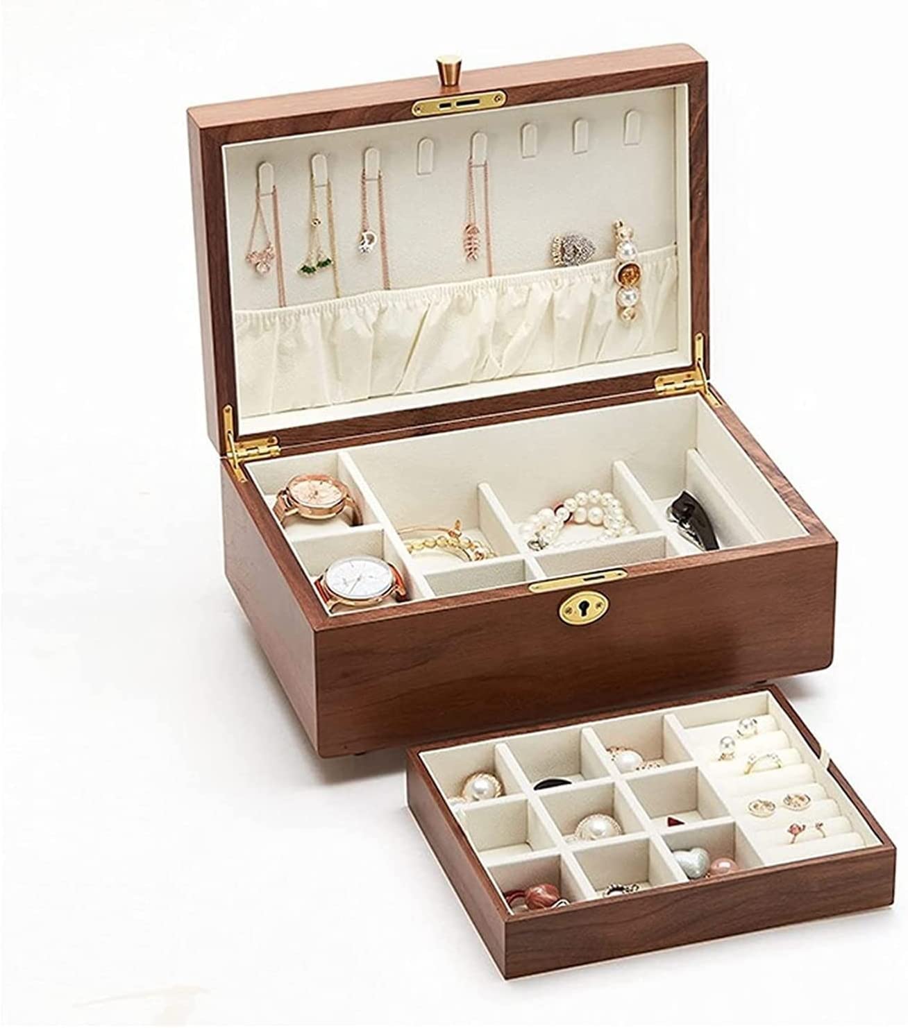 TIANQIHAO Jewelry Travel Box Wooden Jewelry Box - 2 Layer Jewelry Organizer With Ring Tray And Lock For Women And Girls - Holder For Earring Ring Necklace And Bracelet Jewelry Orga