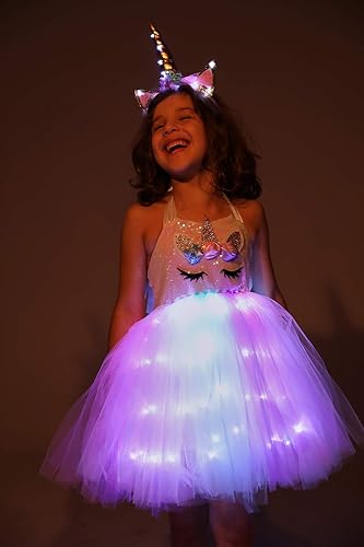 Miniatura 5 de Disfraz de princesa de unicornio para niñas, disfraz de fiesta de cumpleaños con luz LED, vestido de tutú de Halloween con diadema