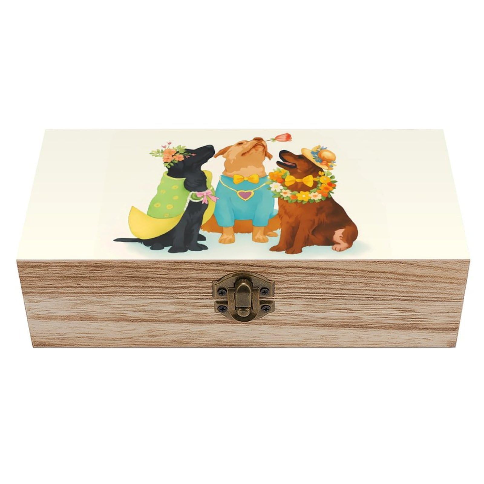 HLBSDM Cute Puppy with Floral Bow Jewelry Retro Wooden Storage Box Jewelry Art Gift Boxs Decorative Keepsake Boxes
