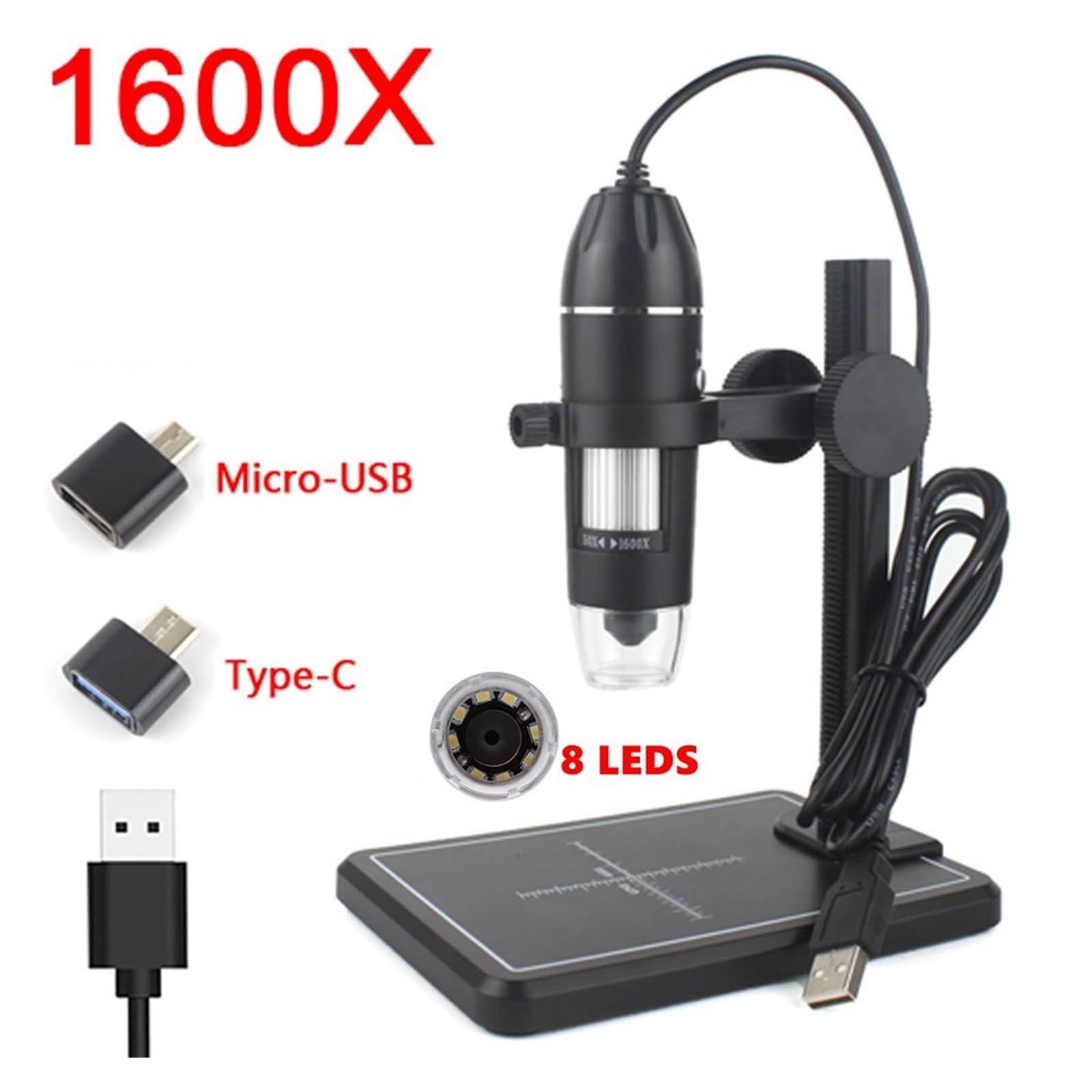 Mikroskop Cyfrowy 1600/1000/500X Do Lutowania USB Elektroniczny Naprawy Telefonu Komórkowego LED Lupa Camera LiftStand Mikroskopy i wyposażenie(1000X Black)