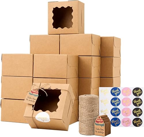 Cajas de postre con ventana, 100 piezas y 4 x 4 x 2.5 pulgadas, pequeñas cajas de golosinas, mini cajas de galletas, pequeñas cajas de panadería,