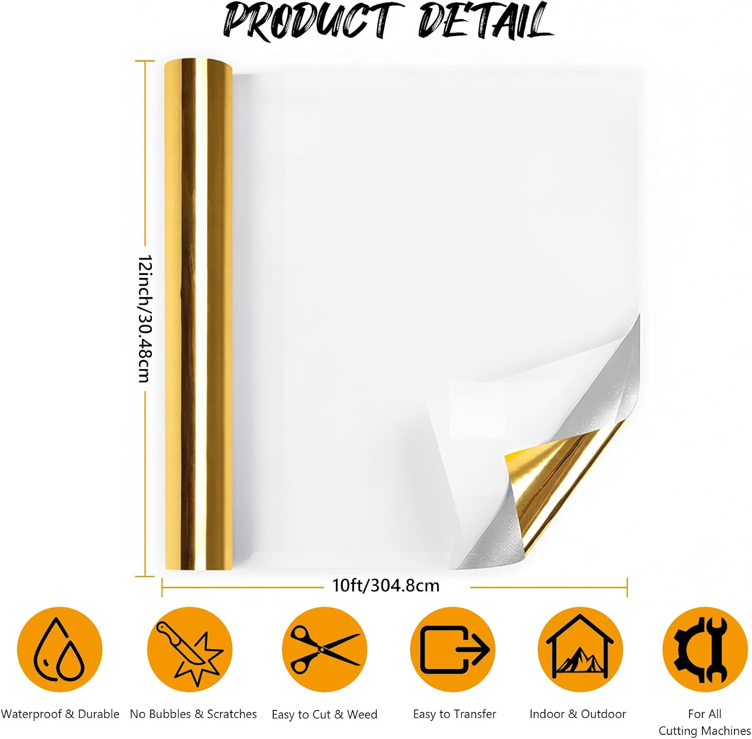 Gold Permanent Adhesive Vinyl, 12" x 10 FT Craft Vinyl for Cup Decals, Party Decorations, Stickers, Scrapbooking & DIY Crafts