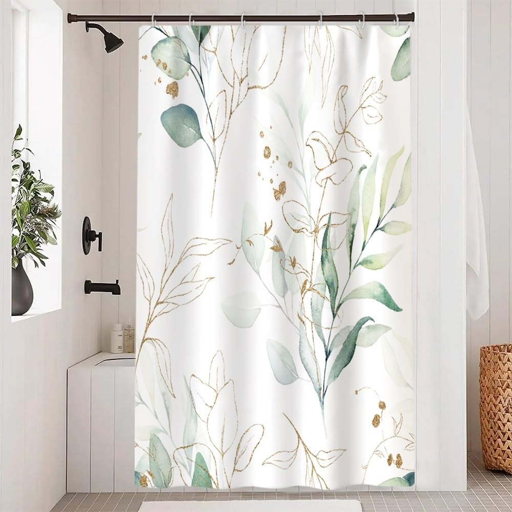 Uiiooazy Cortina de Ducha de Hoja Eucalipto, Cortinas de Ducha Verde Oro Abstracto Planta Cortinas de Baño Antimoho Impermeable Lavable Tejido de Poliéster Cortina Ducha con Ganchos 120x180cm