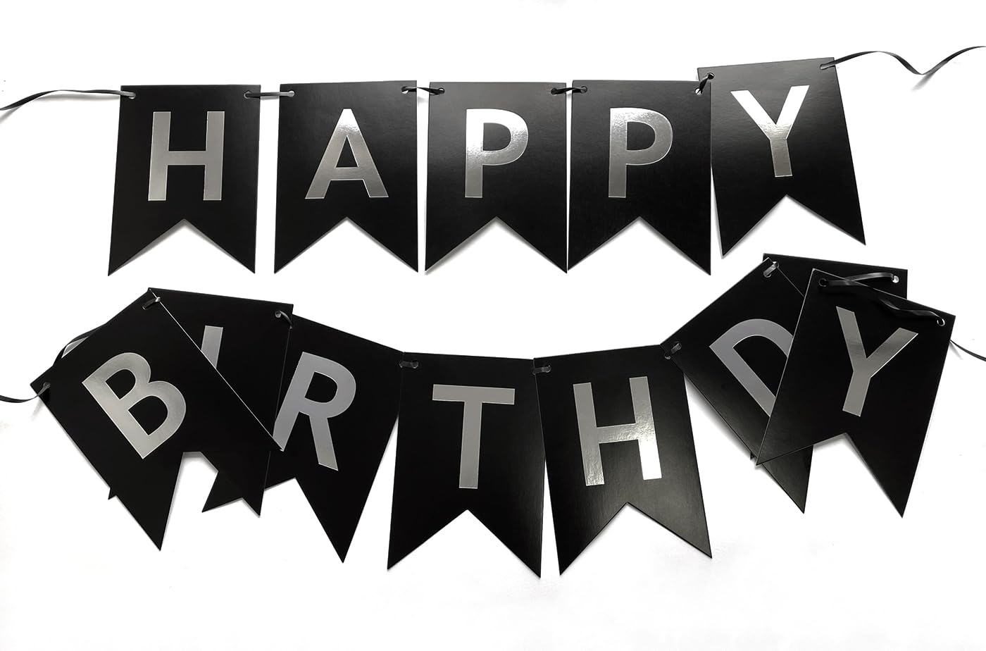 Runhiskii Cartel de feliz cumpleaños negro, letrero de feliz cumpleaños duradero con letras blancas plateadas para decoraciones de fiesta de cumpleaños