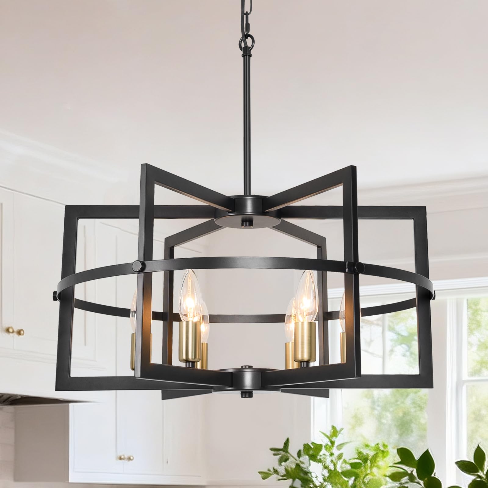 JHLBYL Black and Gold Living Room Ceiling Light 6-Light Gold Black Dining Room Lights Ceiling with E14 Base Adjustable Farmhouse Pendant Light Fixture for Kitchen Island Bedroom Hallway