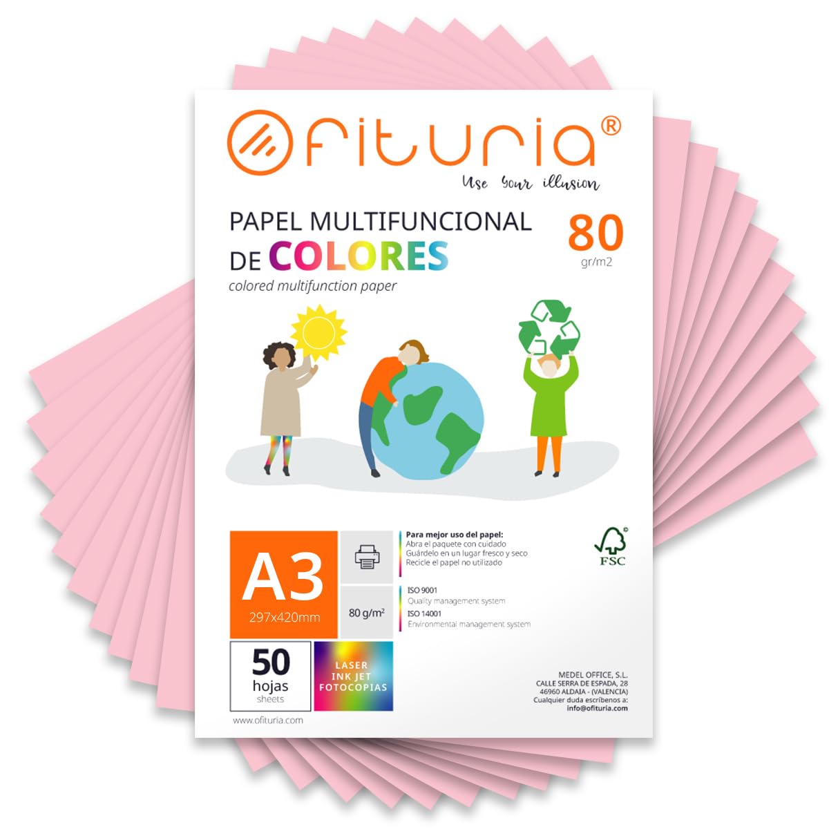 Coloured Sheets, Pack 50 Sheets A3 80 g – Coloured Paper for Crafts, Printer, Scrapbooking – Folios Colours – Ideal Origami, Papiroflexy, Office and School (Light Pink, 50h)