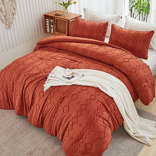 Image of Andency Terracotta Tufted Fall Comforter Set Full(79x90Inch), 3 Pieces(1 Boho Comforter, 2 Pillowcases) Textured Farmhouse, Soft Down Alternative Geometric Fall Bedding Set