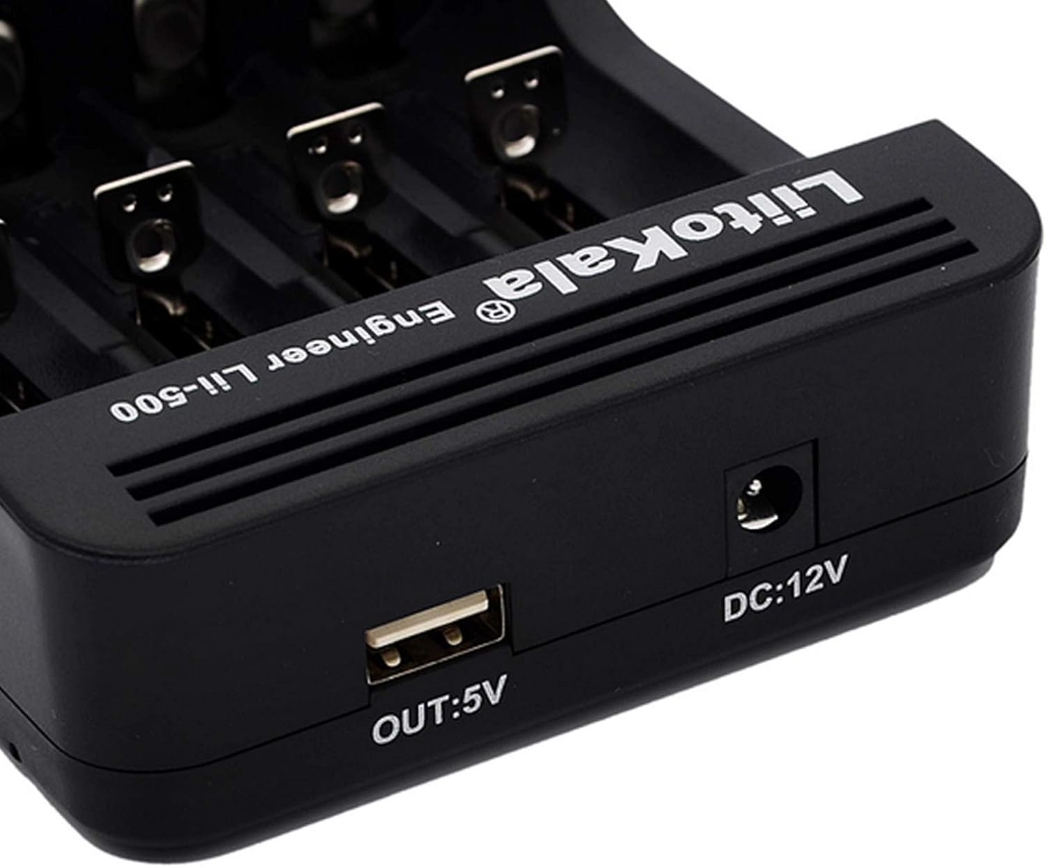 Docooler LiitoKala Lii-500 Smart Battery Charger, side view showing the DC 12V input and USB 5V output ports.