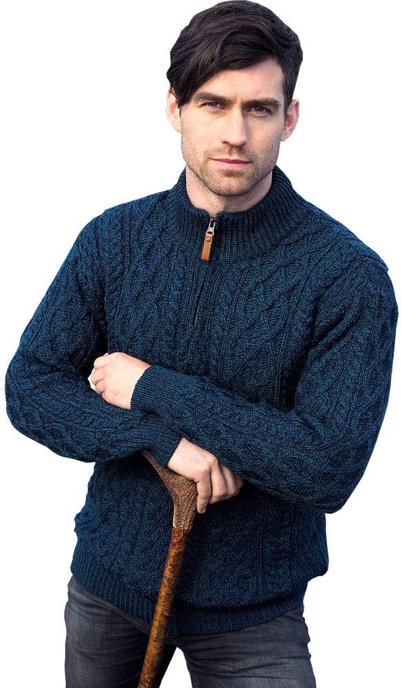 Irish Aran X4295 Jersey de Lana Merino con Cierre para Hombre