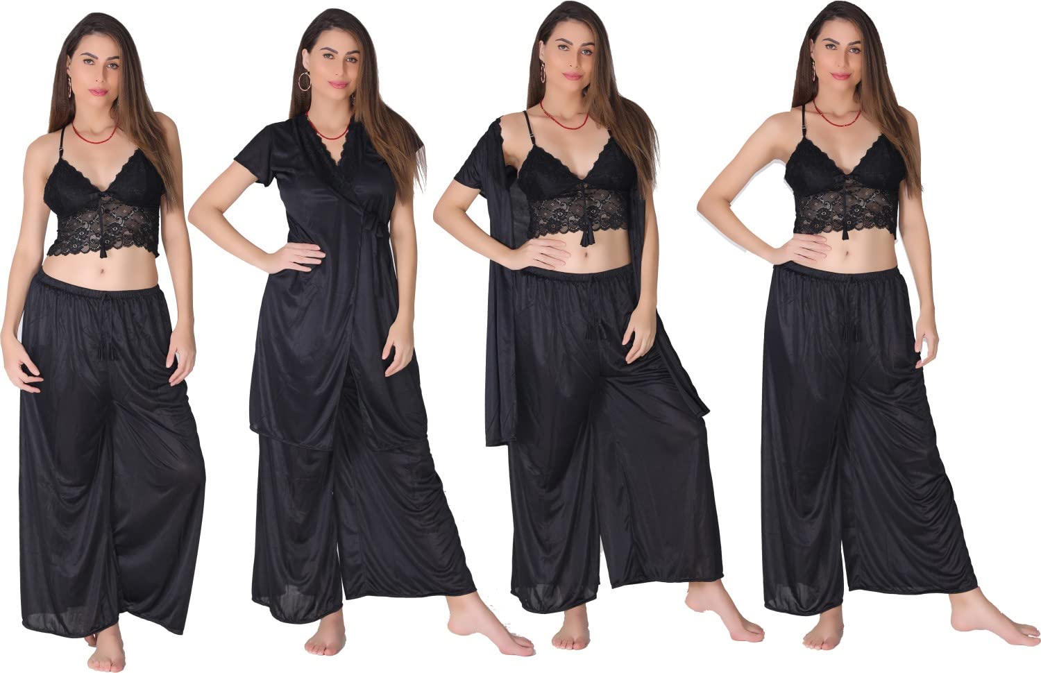 Women's Satin Kimono Robes Bridesmaid Wedding Robes Silky Bathrobes Summer Loungewear Nightsuit Nighty Honeymoon Special 3 Piece Set