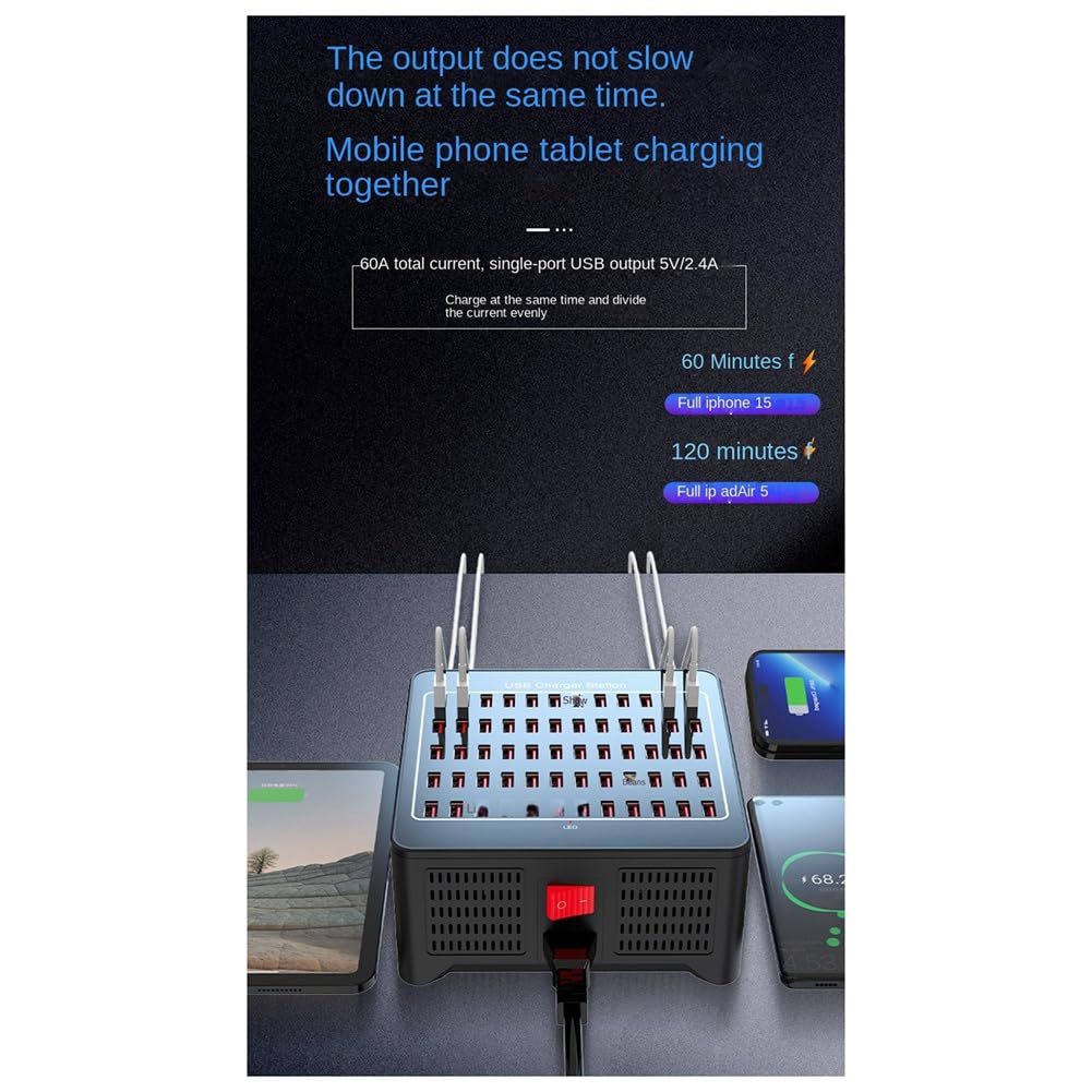 Estación de carga USB de 300 W 60 con múltiples puertos, base, múltiples cargadores USB, adaptador concentrador para ordenador, teléfono, cámara, enchufe de la UE, duradero, fácil