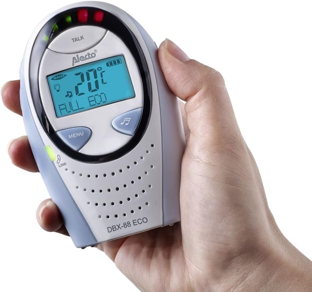 Alecto DBX-88 ECO Parent Unit in hand, showing talk button