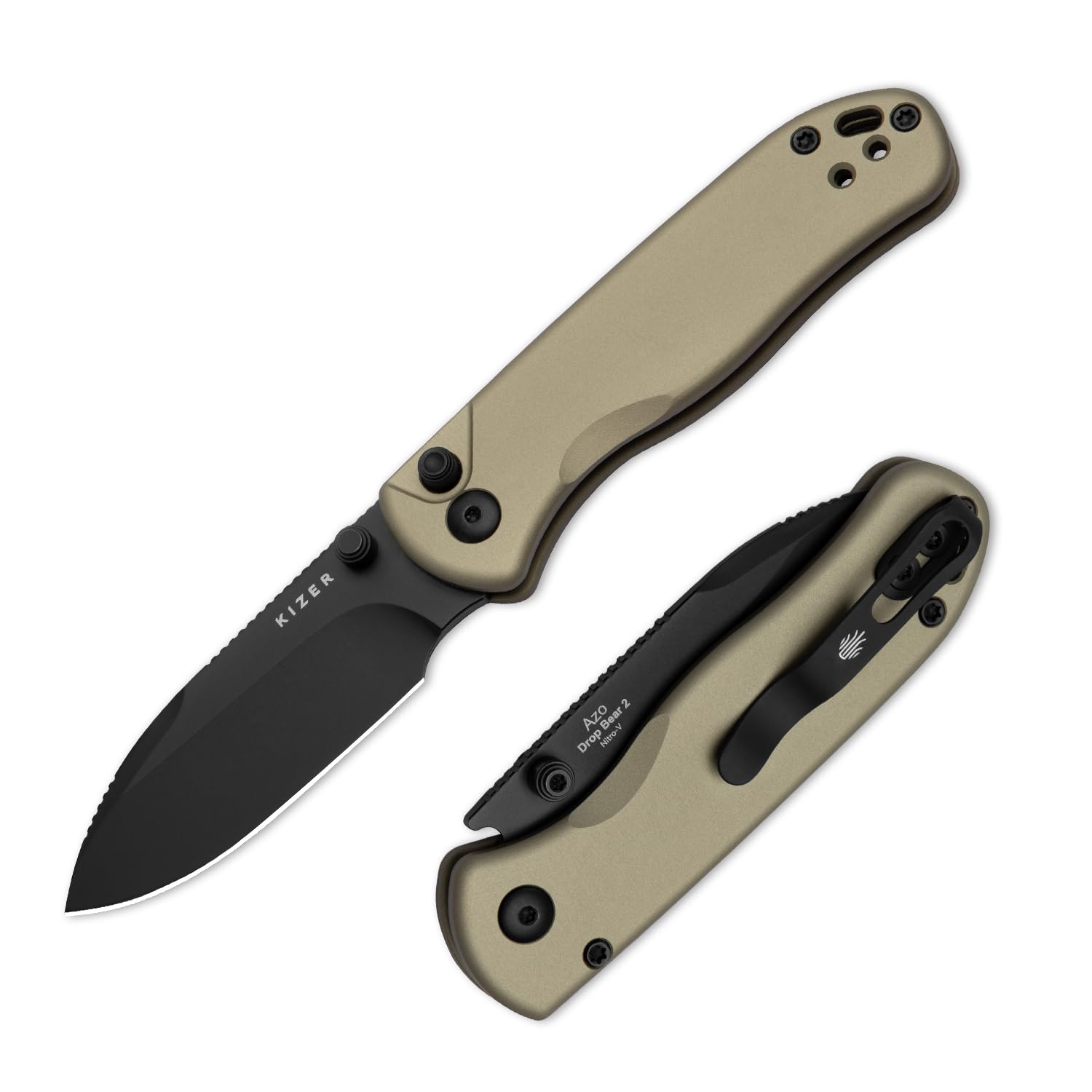 Kizer Drop Bear 2 EDC Pocket Knife, |92" Nitro-V Drop Point Blade with Button Liner Lock, Tan Aluminum Handle V3619.2CD1