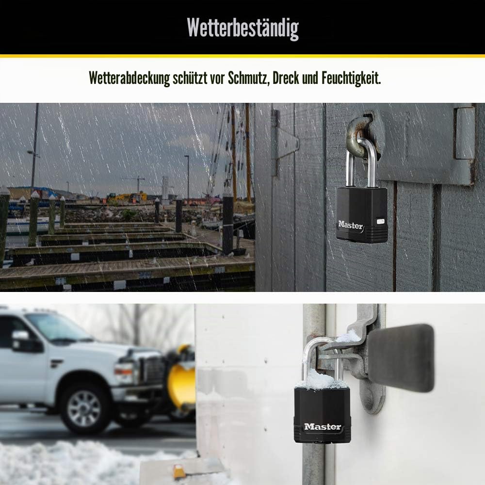 Master Lock, schwarzes Außenvorhängeschloss mit Schlüssel – robust und wetterfest mit Schutzabdeckung, gleichschließend für den Außeneinsatz, 4er-Pack, Modell M115XQLF