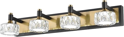 Lámpara de tocador de baño de 4 luces, regulable, moderna lámpara de baño sobre espejo, moderna luz dorada y negra, elegantes luces de pared