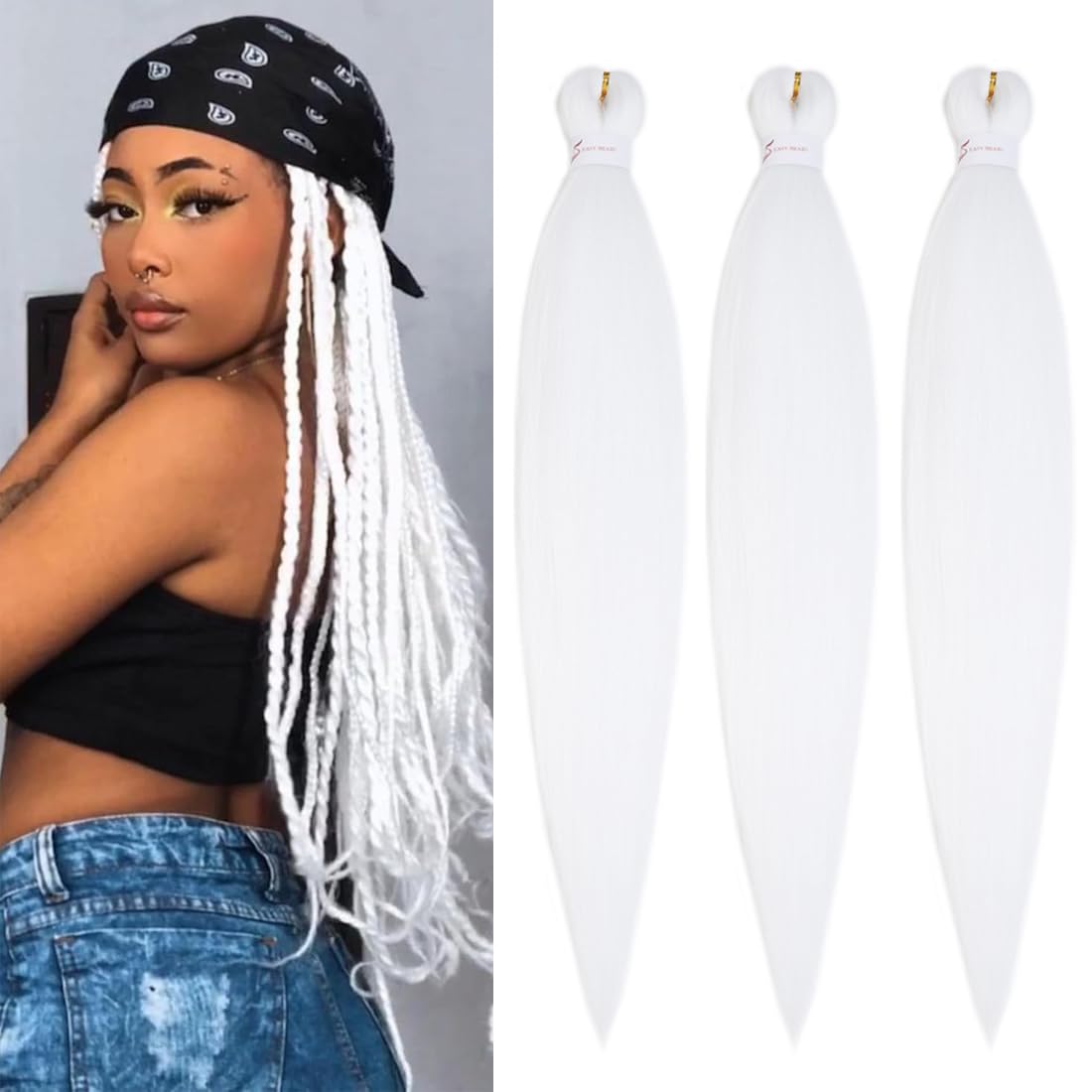 Pre Stretched Braiding Hair Extensions 3 Packs 20 Inch White Braiding Hair Synthetic Braids Hair Extension for Women Hot Water Setting(20Inch,60#)