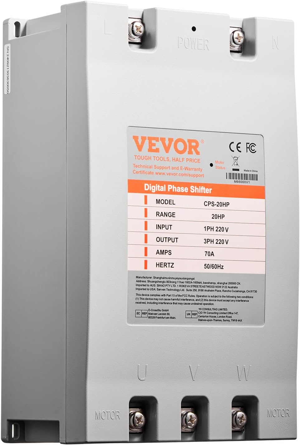 VEVOR 3 Phase Converter - 20HP 70A 220V Single Phase to 3 Phase Converter, 220V-240V Input/Output, Digital Phase Shifter for Residential & Light Commercial Use (One Converter for One Motor Only)