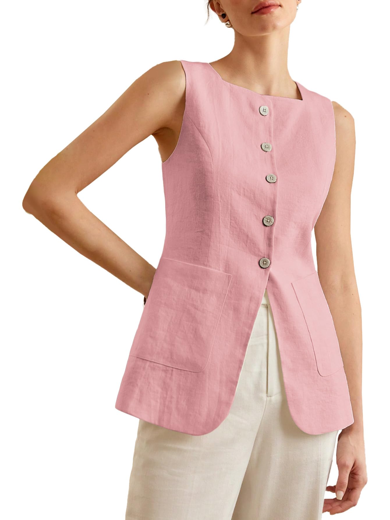 Mina Self 2025 Womens Summer Long Linen Vest Sleeveless Lightweight Fully-Lined Single Breasted Casual Work Tops Pockets
