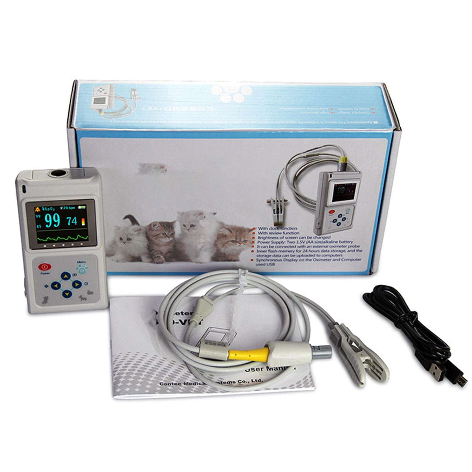 Oxímetro de pulso veterinario, equipo de pulsioxímetro digital portátil para animales, sonda lingual para perros y gatos, fácil de usar y monitor preciso.