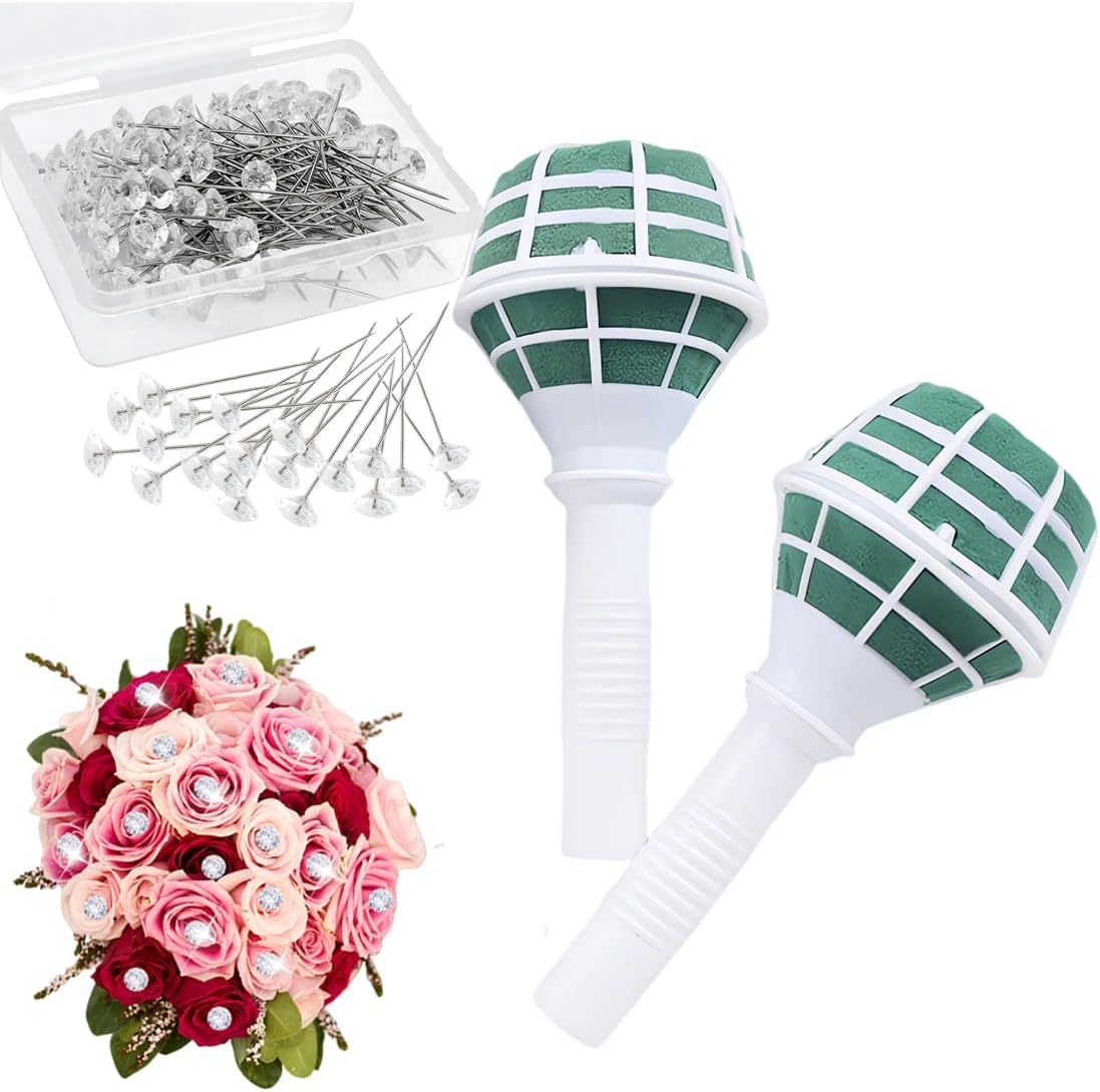 2 PCS Bride Flower Bouquet Holder with 50 PCS Bouquet Pins Foam Floral Bouquet Handle Wedding Bouquet Handle Holders for Fresh and Artificial Flower Arrangements Wedding Supplies Decoration