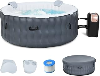 COSTWAY 4-6 Person Hot Tub Spa, 108 AirJet Massage System Outdoor Inflatable Hot Tubs with Headrest, Drink Holder, Pool Cover and Ground Sheet, Quick Heating Smart Filtration Round Hottub (Grey)