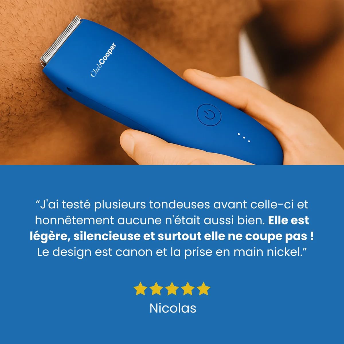Tondeuse Intime Homme ClubCooper – Tondeuse Corps Homme Parties Intimes – Rasoir Électrique Anti-Coupures Zones Sensibles – Lame Céramique Waterproof – Pubis Testicules – 0/3/6/9/12mm USB (Bleu)