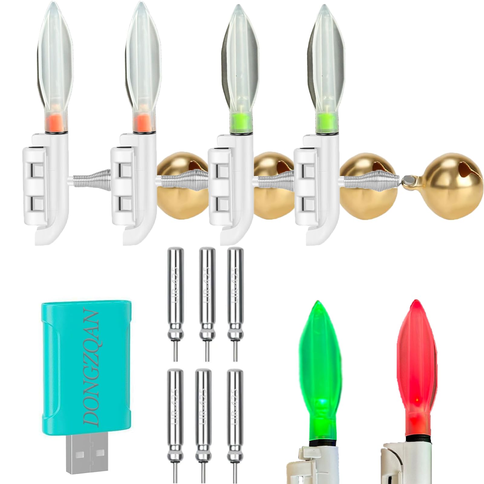 DONGZQAN Lot de 4 cloches d'alarme de pêche, lampes de poche pour indicateur de touche de pêche, indicateur de touche de pêche, cadeau de pêche, indicateur de touche pour pêche nocturne avec chargeur