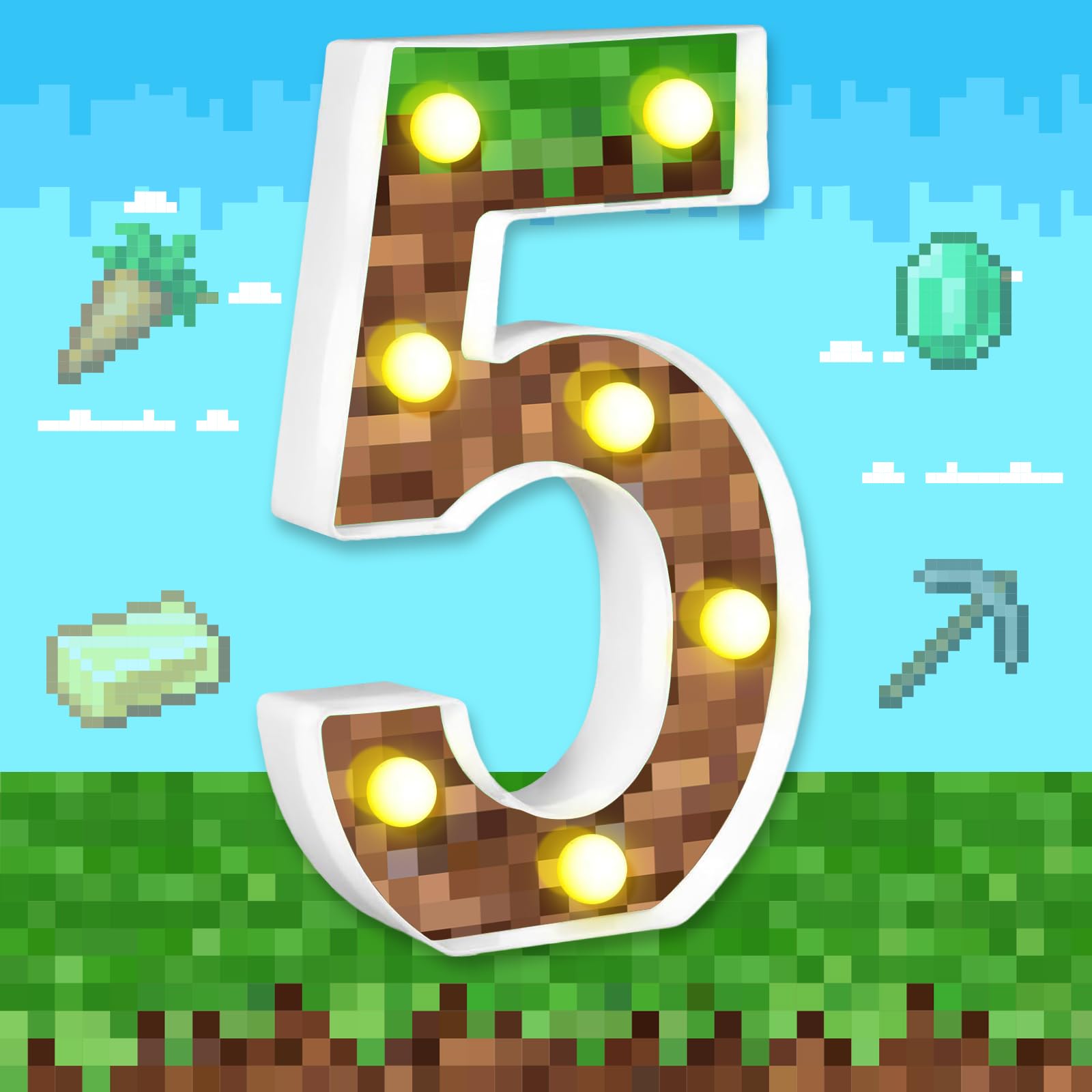 8.5" Pixel Game Party Decorations Light up Numbers Marquee Number Lights Sign Pixel Theme Birthday Party Supplies Table Centerpieces Pixel Pattern