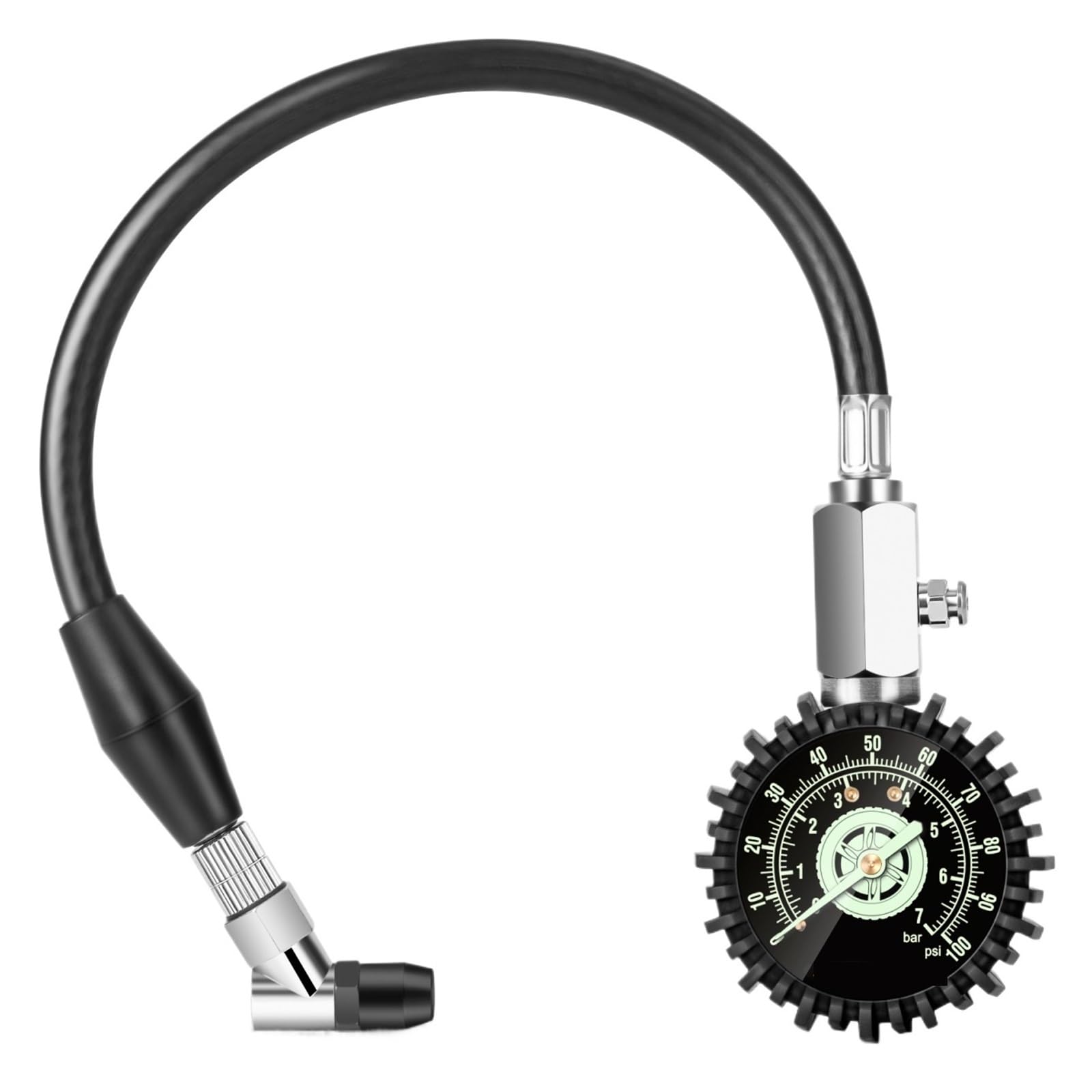 Wskaźnik Ciśnienia W Oponach 100 PSI 30 15 Świecące Ciemności 2,5-calowy Mechaniczny Miernik Opon Wąż Elastyczny Uchwyt Kątowy(AS003D-100psi)
