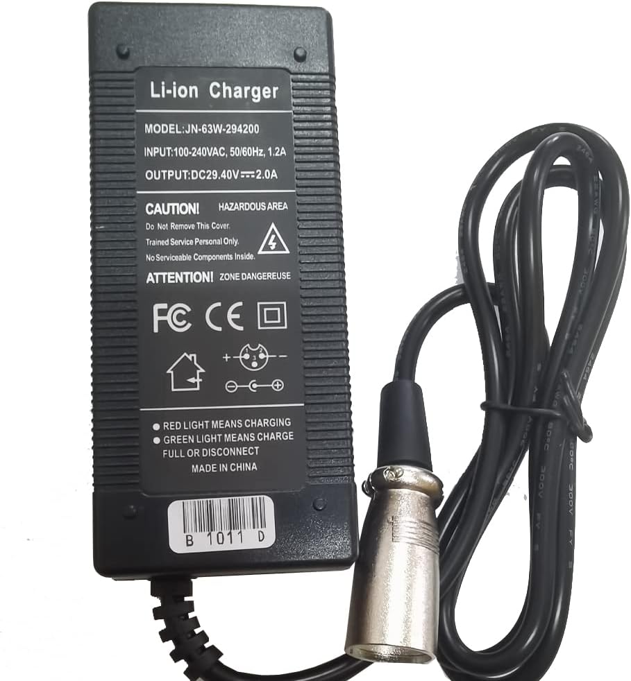 Close-up of the ENCAREFOR 24V 2A Lithium Battery Charger's label, detailing input/output specifications, model number (JN-63W-294200), and safety warnings.