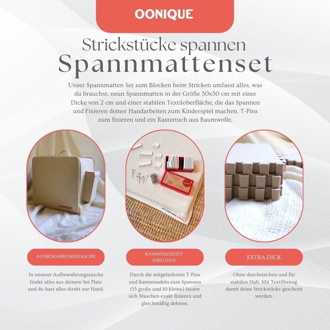 OONIQUE Zestaw mat napinających z siatką, igłami grzebieniowymi i szpilkami T – 9 mat, tkanina bawełniana 100 x 100 cm – idealne do robienia na drutach i szydełkowania