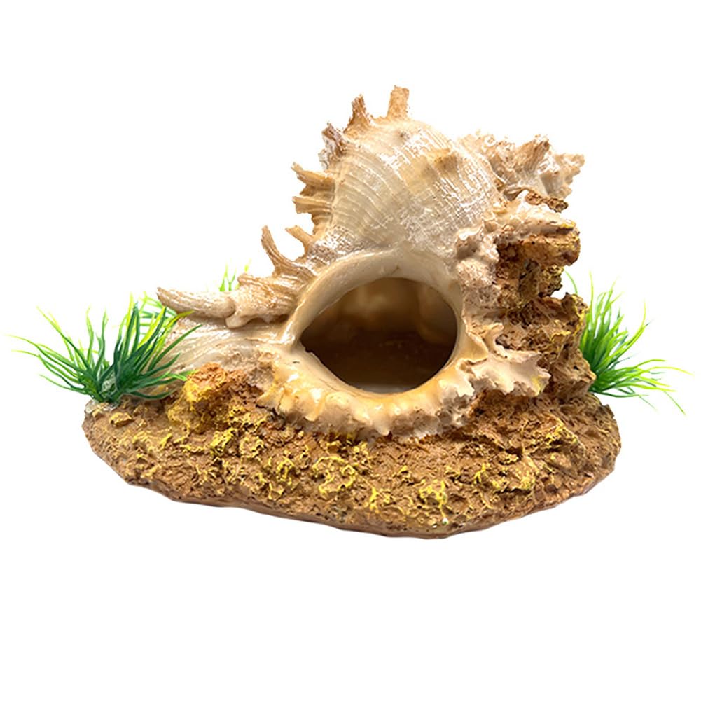 Cachpib Aquarium Conch Shell Ornament With Rockery, Small Fish Tank Decor Plants Cave, Fish Tank Resin Conch Shell, Landscape Ornament For Hermit Crab Hideout, Round Conch