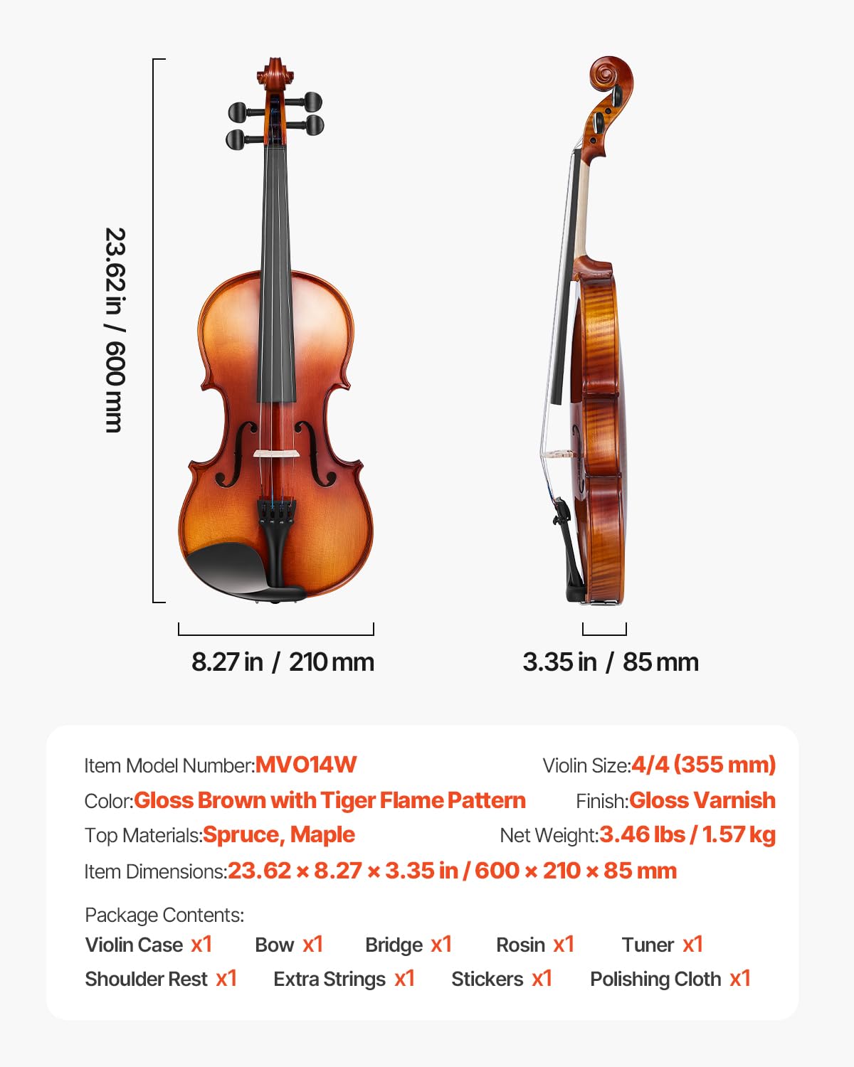 VEVOR Violon 4/4, Kit Violon Débutants Bois Massif avec Étui, Colophane, Archet, Épaulière, Chevalet, Cordes Rechange, Instrument Musique Professionnel pour Étudiants, Adultes, Marron Brillant Motif