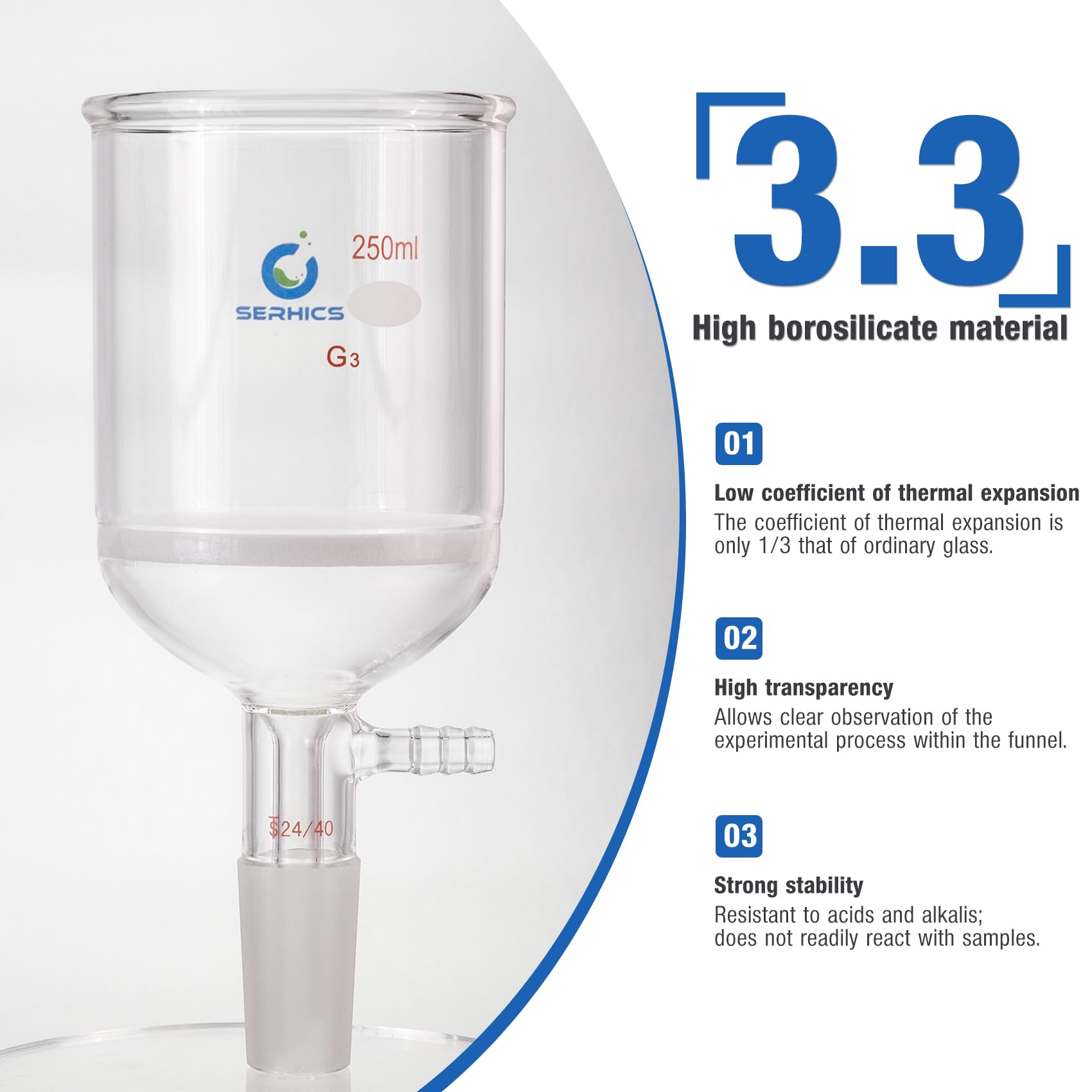 250 mL Glas Buchner Trichter mit feiner Fritte (G3), Borosilikatglas-Buchner-Trichter mit 24/40 Standard-Konus-Innenverbindung für den Laborgebrauch