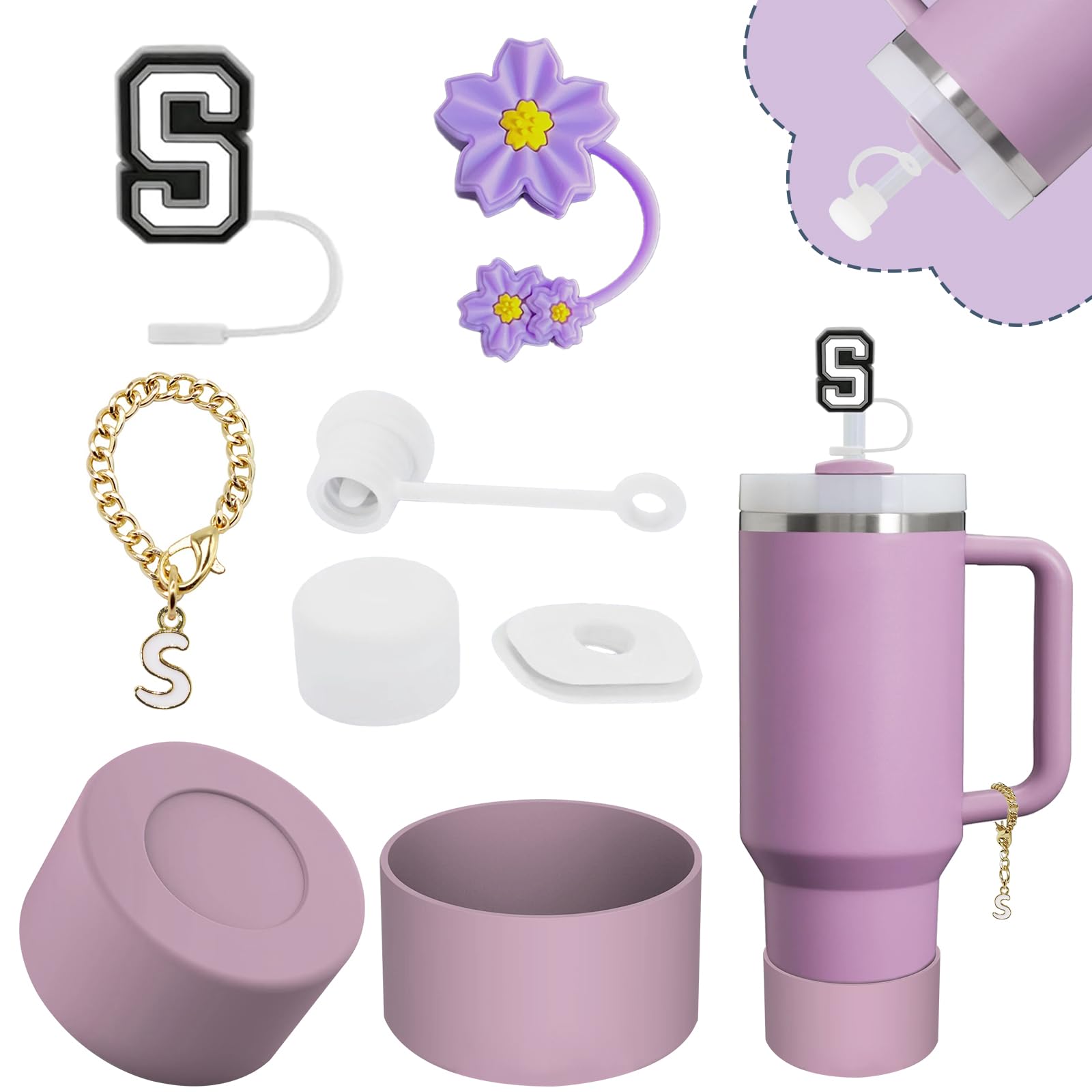 Stanley Cup Accessories Set,Including 2 Pcs 0.4in Straw Cover, 1 Silicone Spill-Proof Stopper Set of 3, 1 Name ID Letter Handle Charm, 1 Silicone Cup Boot Fits Stanley 40&30 Oz Tumbler (S)