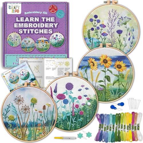 Image of CRAFTILOO Embroidery Kit for Beginners Adults - 4 Floral Stamped Patterns, Learn 17 Stitches | Needlepoint Kit for Adults with Hoop, Needles, Thread & Video Tutorial | Hand Embroidery Kits for Women