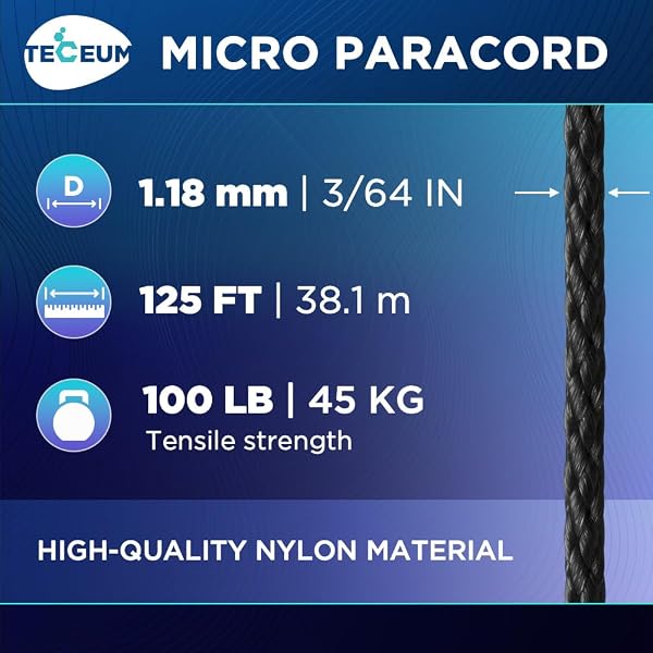 TECEUM Micro Paracord – Noir (Black) – 1.18 mm x 38.1 m – Corde Utilitaire Micro – Corde paracorde tressée Fine en Nylon et Polyester – Fil de Survie Solide (125 ft) - 2