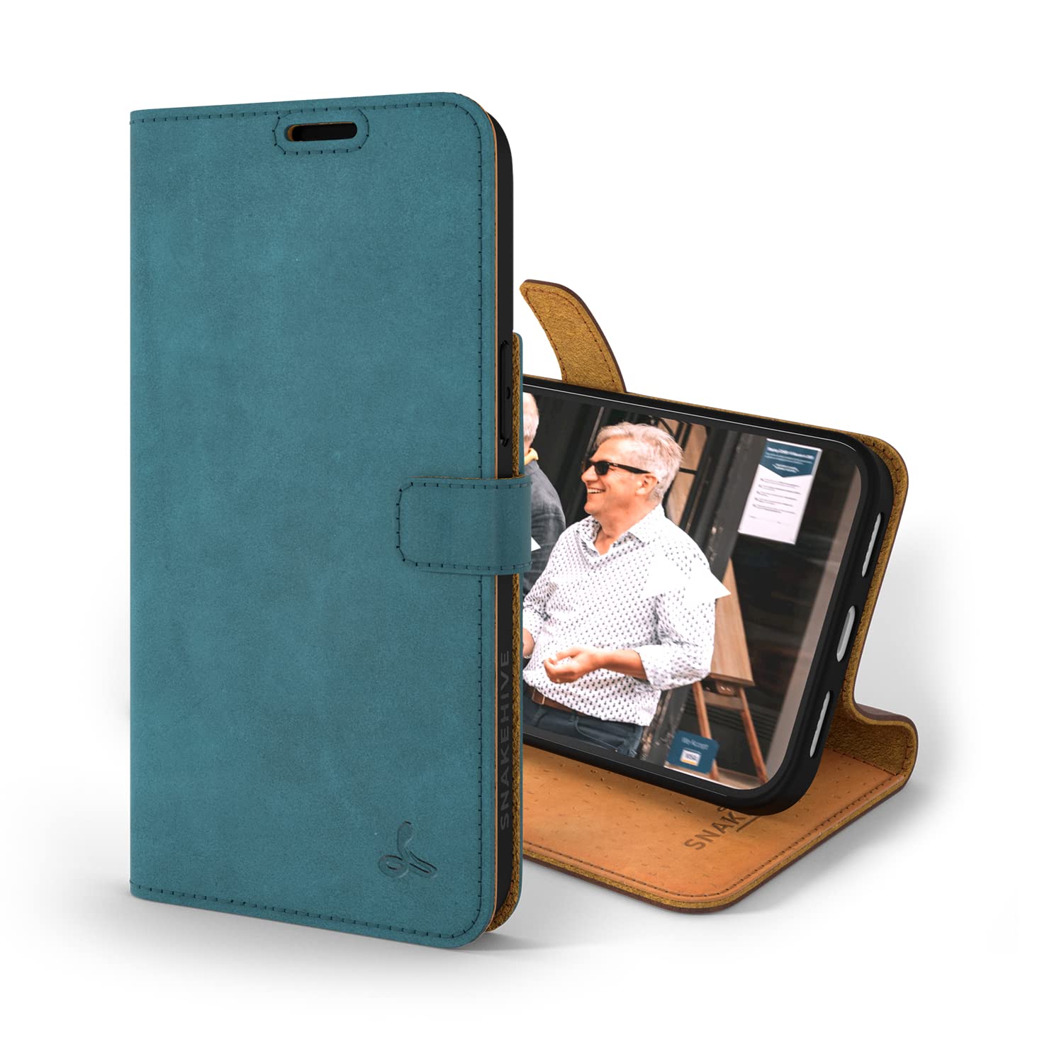 Snakehive iPhone 14 Pro Leather Case | Genuine Leather Wallet Phone Case with Card Holder | Flip Folio Case/Cover with Stand | Compatible with iPhone 14 Pro | (Teal)