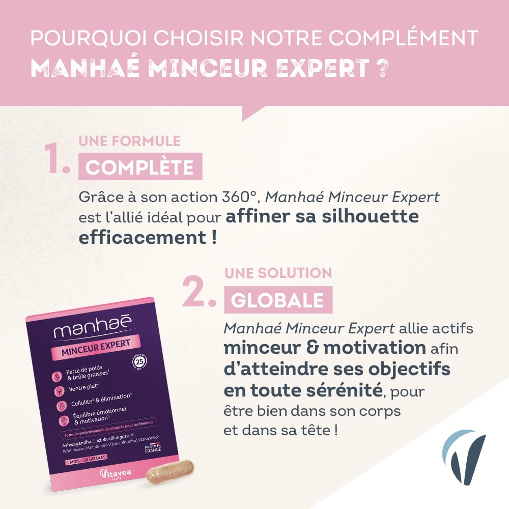Vitavea - Manhaé - Minceur Expert - Complément Alimentaire Minceur - Perte de Poids, Brûle Graisse, Ventre Plat, Eliminination, Cellulite - Lactobacillus Gasseri, Queue de Cerise -1 Mois - 30 Gélules