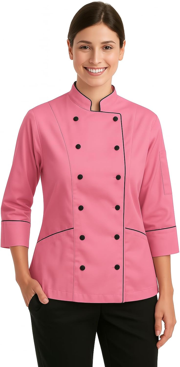 WAIZ Women's Double-Breasted Chef Coat – 3/4 Sleeve Kitchen Uniform with Contrast Trim – Available in Multi Colors