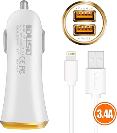 IDUSD Cargador Mechero para Coche 3.4A con 2 Puertos Adaptador Autom?vil con un Cable Lighting (1m) para iPhone X / 8/8 Plus / 7 / 6s Plus /5s, iPad, etc. (Blanco) IDUSD Cargador Mechero para Coche 3.4A con 2 Puertos Adaptador Autom?vil con un Cable Lighting (1m) para iPhone X / 8/8 Plus / 7 / 6s Plus /5s, iPad, etc. (Blanco)