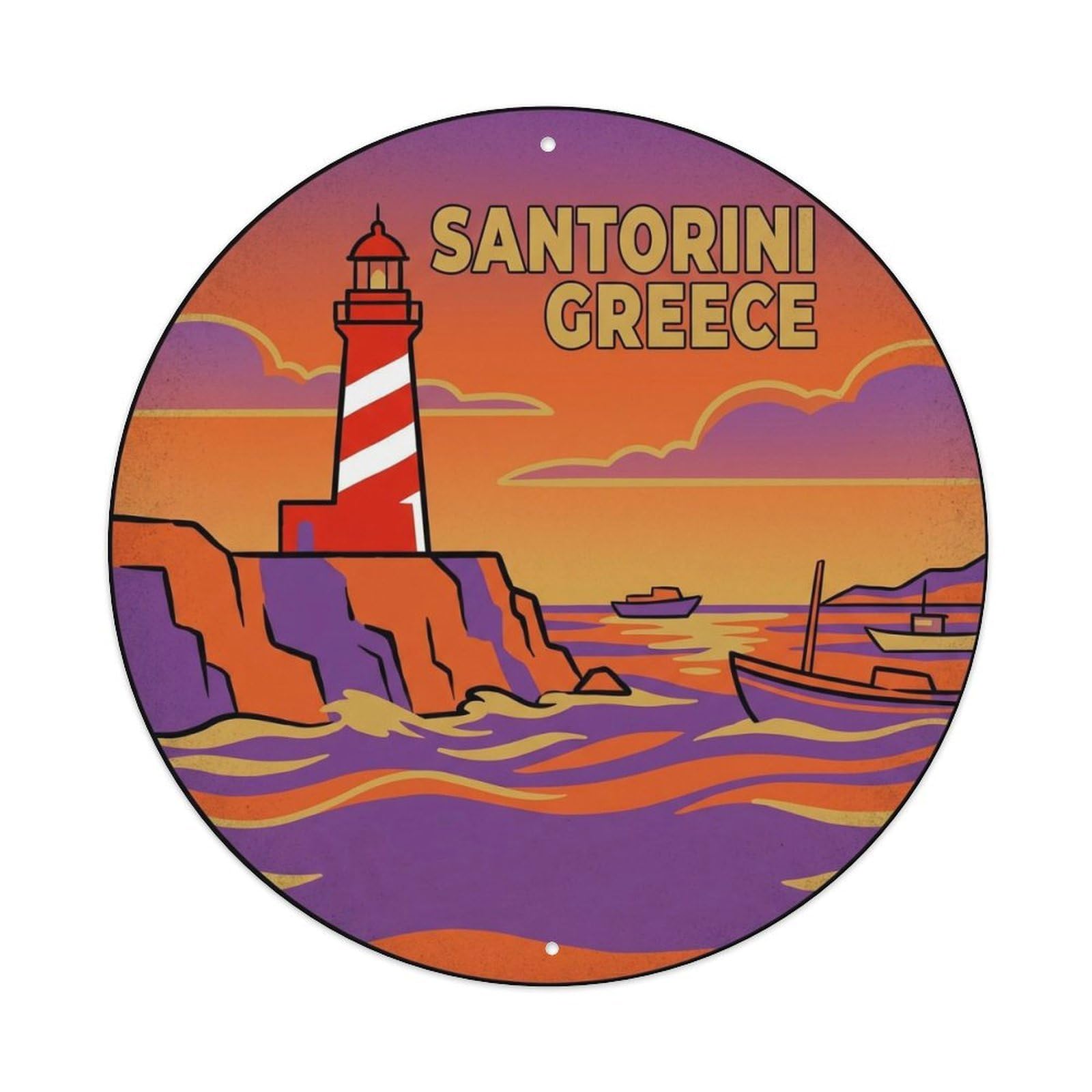 Red Lighthouse Cliff Santorini Greece Aegean Sea Metal Tin Sign