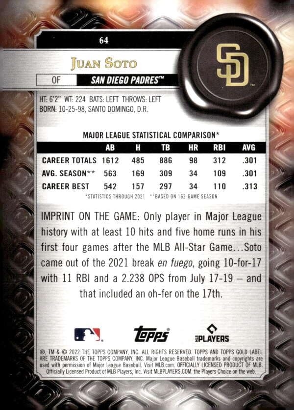 Miniatura 2 de 2022 TOPPS GOLD LABEL CLASS 2#64 JUAN SOTO SAN DIEGO PADRES BASEBALL OFFICIAL TRADING CARD OF MLB