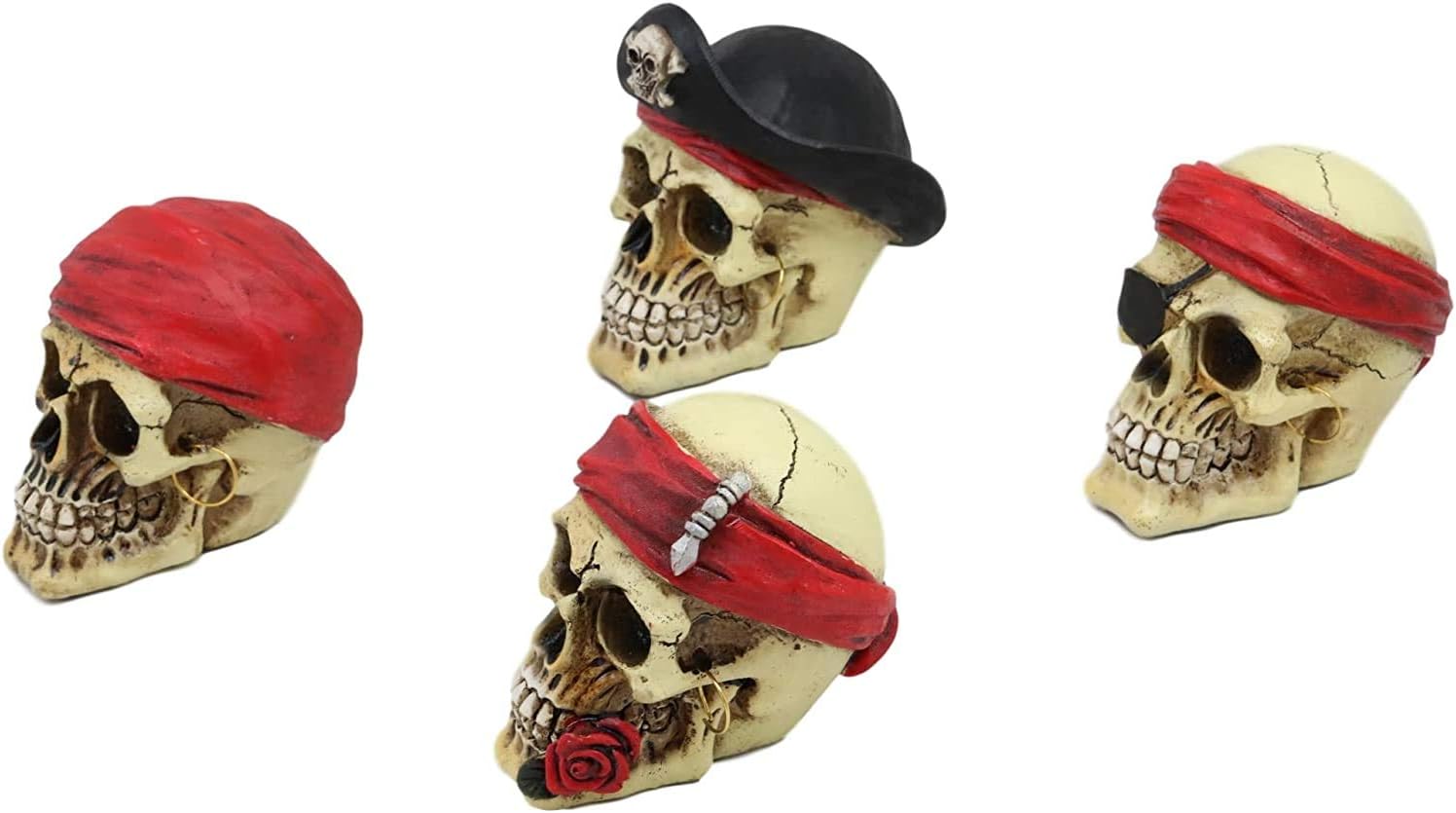 Ebros Nautical Macabre Pirate Captain Marauders Skull Mini Figurines Pack 3.5"High Caribbean Sea Ossuary Skeletons Craniums Halloween Buccaneer Pirates Wearing Red Bandana Crossbones Hat Earrings (12)