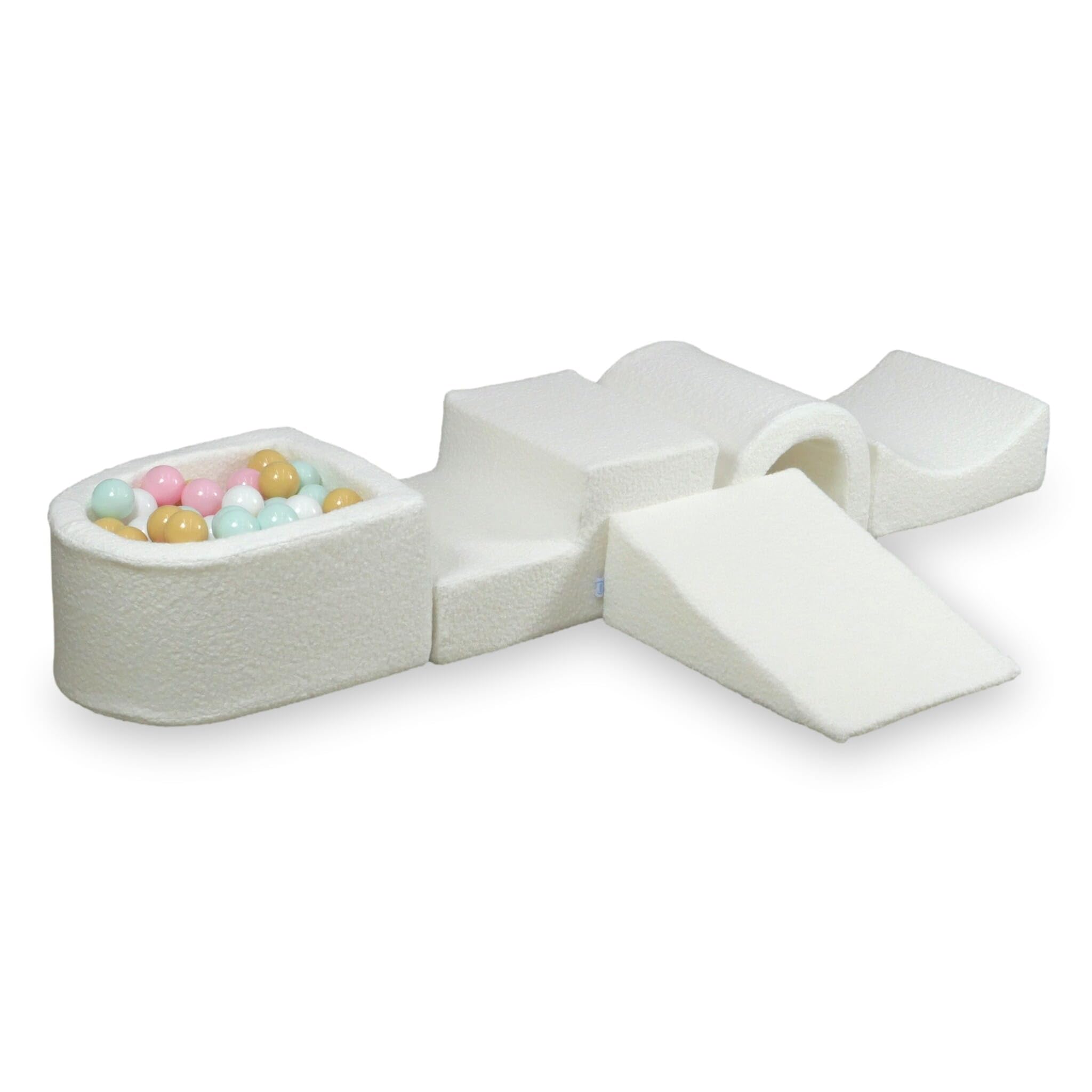 Mimii Parco giochi in schiuma con ponte e piscina con palline Bouclé, bianco, giocattolo da arrampicata per bambini e neonati, 100 palline: bianco/menta/rosa chiaro/beige