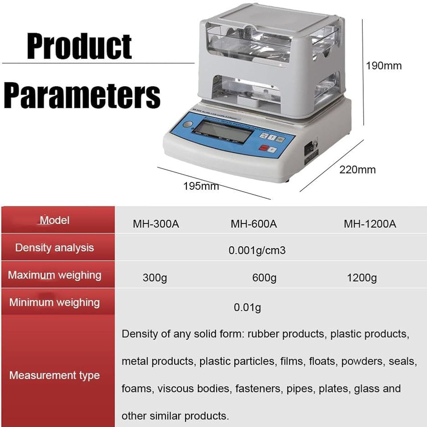 Medidor de densidad electrónico, densímetro sólido digital de alta precisión, 0,001 g/cm3 para laboratorio industrial, medición de goma de plástico de 300 g/600 g