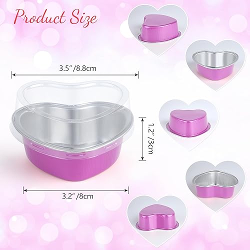 Miniatura 2 de PLULON Paquete de 60 tazas de cupcakes de corazón rosa con tapas, 3.4 fl oz3.4 onzas, papel de aluminio en forma de corazón, moldes para tartas de