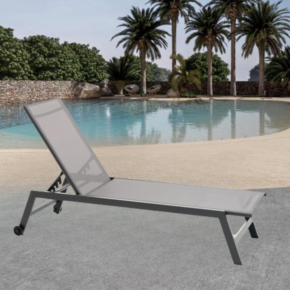 Lettino Prendisole Da Giardino Alamos Pieghevole In Alluminio Verniciato Antracite Con Ruote Posteriori, Impilabile E Regolabile In 5 Posizioni, L 192 x P 60 x H 91 Cm, Seduta In Textilene