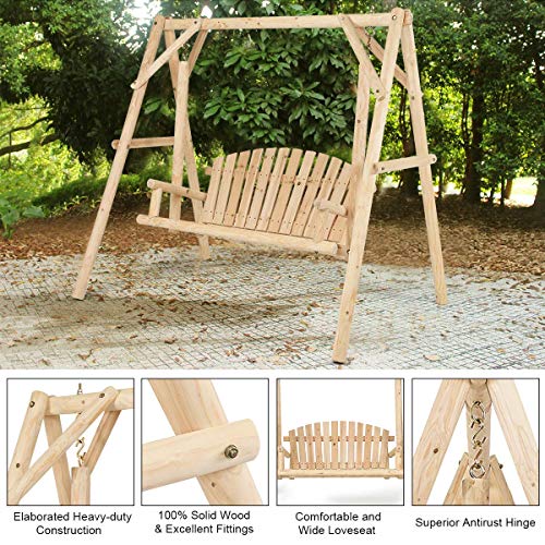 Image of Tangkula A-Frame Wood Log Swing Bench, Outdoor Rustic Curved Back Swing Chair for Patio Garden Yard