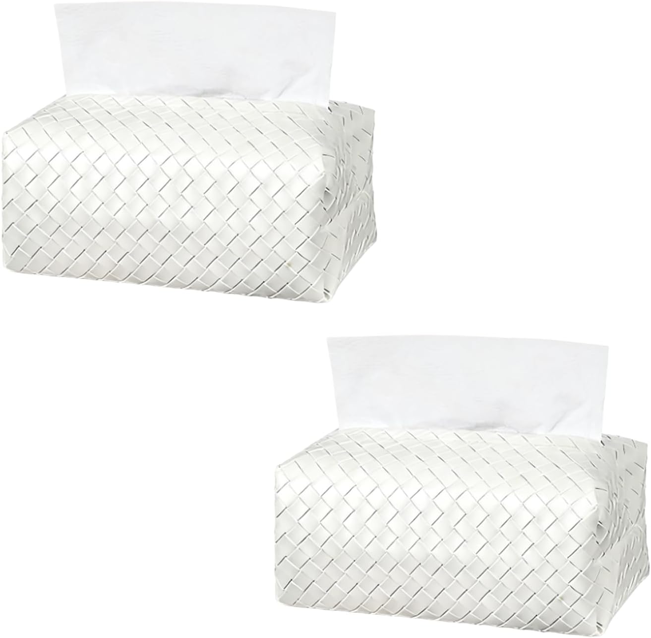 2PCS Tissue Box Cover Weave pattern, Rectangular Tissue Storage Box for Bathroom/Desk/Car Use(White)
